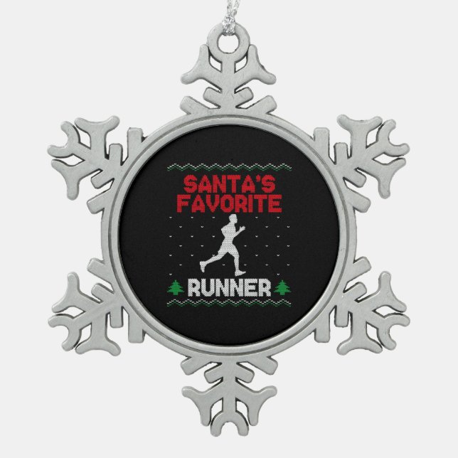 Running Runner Half Marathon Ugly Snowflake Pewter Christmas Ornament (Front)