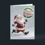 Running Santa in the Snow Christmas Card<br><div class="desc">Spread festive cheer with this charming Christmas card featuring Santa dashing through a snowy wonderland,  a smile on his face and a balloon in hand that reads “Merry Christmas.” Perfect for sending warm wishes to friends and family,  this card captures the playful spirit and excitement of the holiday season.</div>