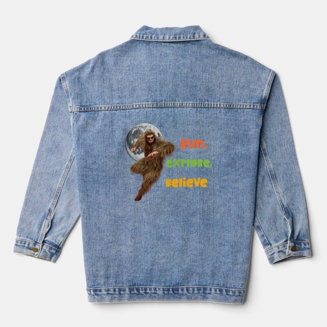 Running Sasquatch Adventure Believe Design Denim Jacket (Back)