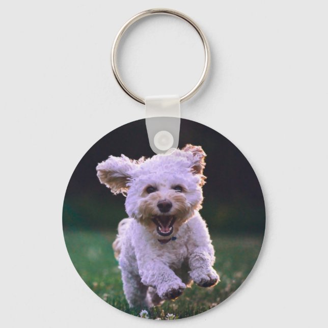 Running White Poodle Cute Dog Key Ring (Front)