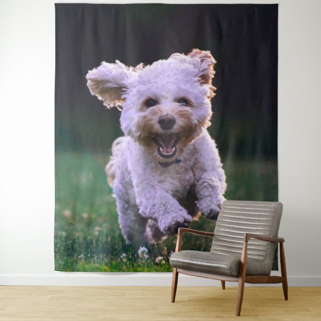 Running White Poodle Cute Dog Tapestry (In Situ)