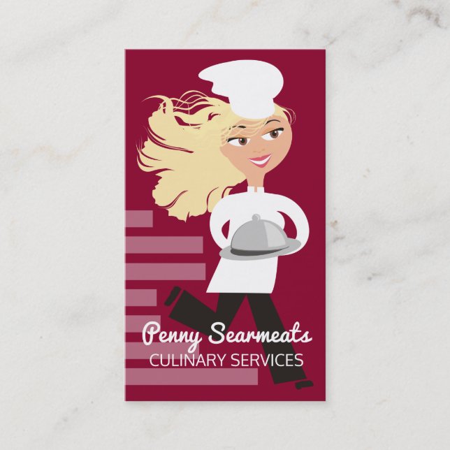 Running woman chef dome platter catering culinary business card (Front)