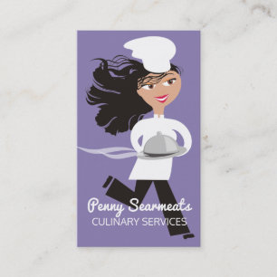 Running woman chef dome platter catering culinary business card