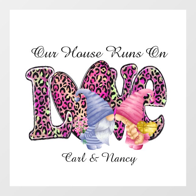 Runs On Love, Gnome Couple Personalise  Window Cling (Sheet)