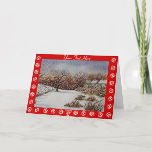 rural cottages snow scene atmospheric seasonal holiday card
