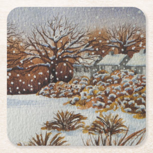rural cottages snow scene original christmas square paper coaster