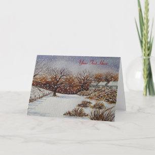 rural cottages snow scene original seasonal art holiday card