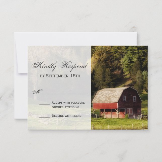 Rural Country Barn Trees Rustic Wedding RSVP Cards (Front)