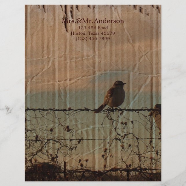 Rural Farm fence bird western barn wedding Letterhead Design (Front)