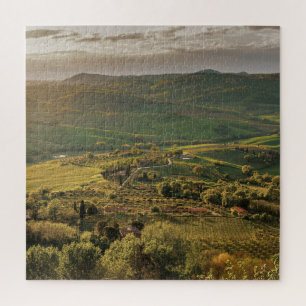 Rural Italian farmlands, Tuscany sunset. Jigsaw Puzzle