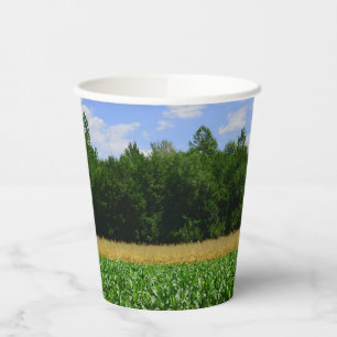 Rural landscape of a corn & wheat field & blue sky paper cups