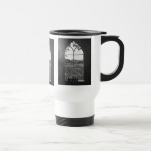Rural landscape view from church window painting travel mug