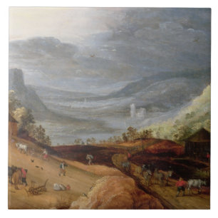 Rural Landscape with a Farmer Bridling Horses, a P Tile
