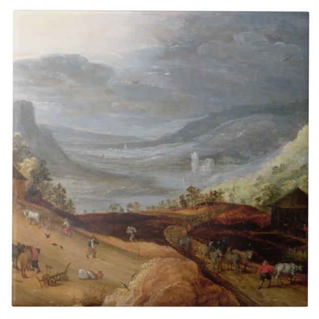 Rural Landscape with a Farmer Bridling Horses, a P Tile (Front)
