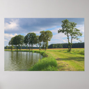 Rural landscape with trees, water and cloudy sky poster