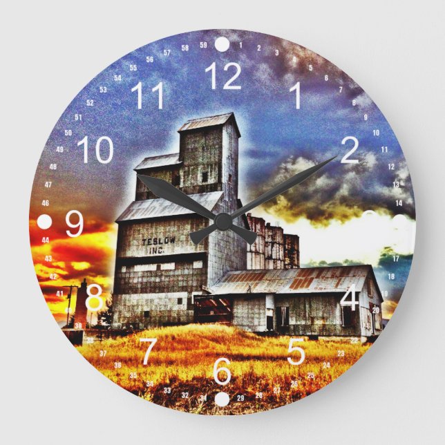 Rural Montana Country Grain Elevator Farmers Gift Large Clock (Front)