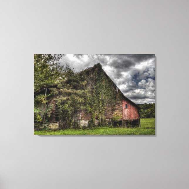 Rural Old Vine-Covered Red Barn Heavy Clouds Canvas Print (Front)