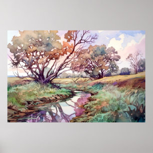 Rural River Watercolor Poster