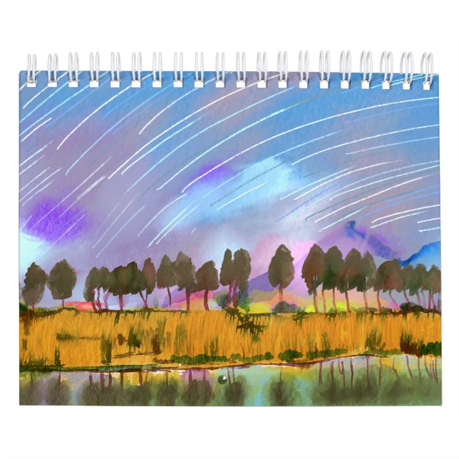 Rural scene with star trails landscape watercolor  calendar (Cover)