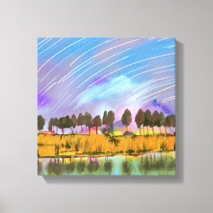 Rural scene with star trails landscape watercolor  canvas print