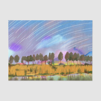 Rural scene with star trails landscape watercolor  tissue paper