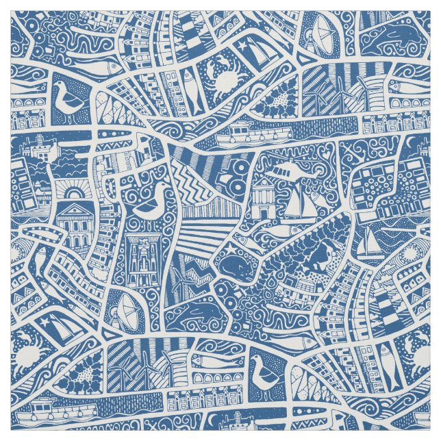 rural seaside living blue fabric (Swatch)