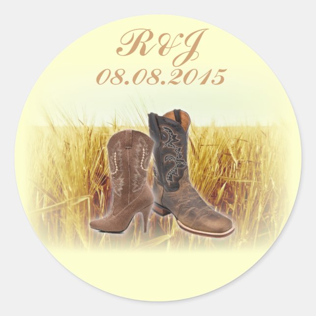 rural wheat farm western cowboy wedding classic round sticker (Front)