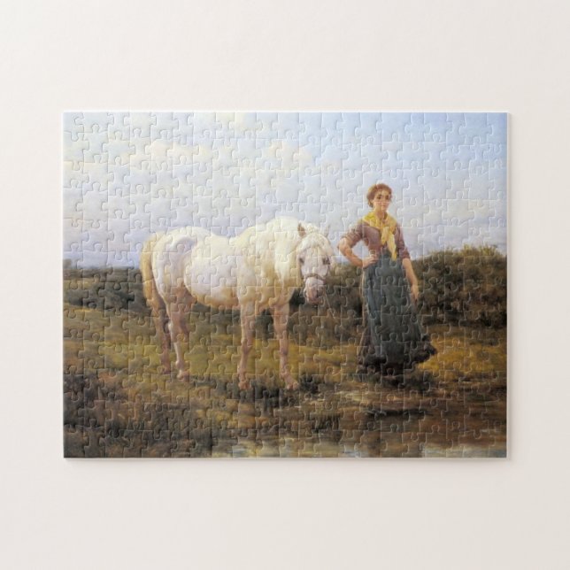 Rural Woman Taking a White Horse to Water Jigsaw Puzzle (Horizontal)