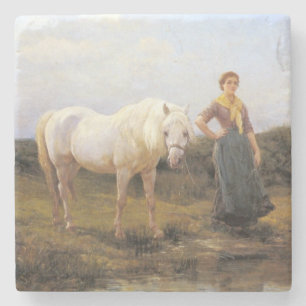 Rural Woman Taking a White Horse to Water Stone Coaster