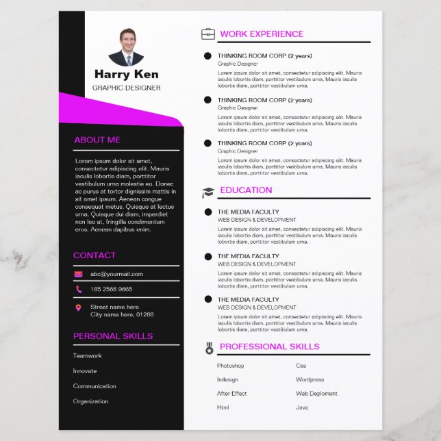 Rush Sorority Modern Resume Template Customisable  (Front)