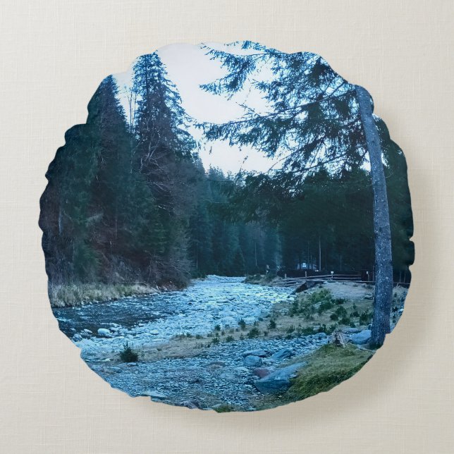Rushing Mountain Stream – Wild Nature Romania Round Cushion (Front)