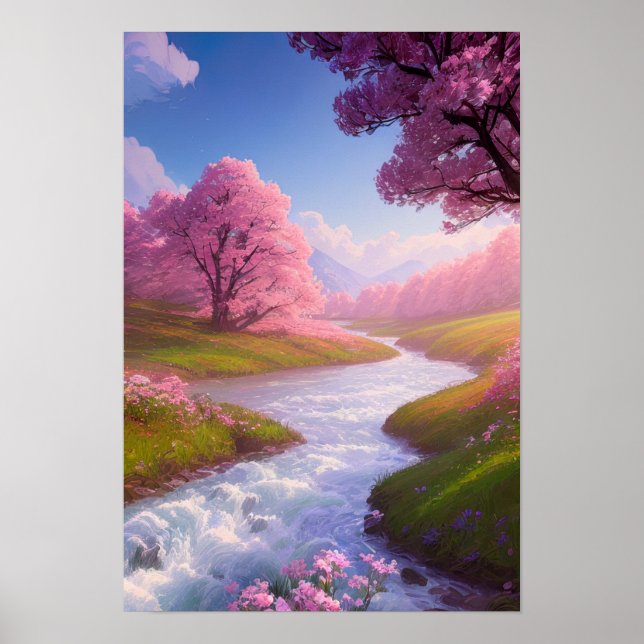 Rushing Waters and Blossoming Fields Poster (Front)