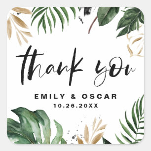 Rusitc Gold Foil Tropical Leaves Wedding Thank You Square Sticker