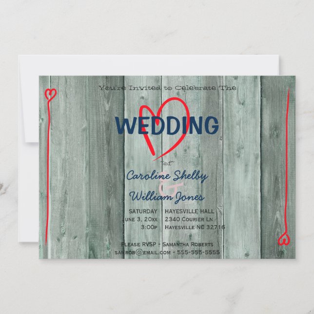 Rusitc Red Heart and Wood Wedding Invitation (Front)