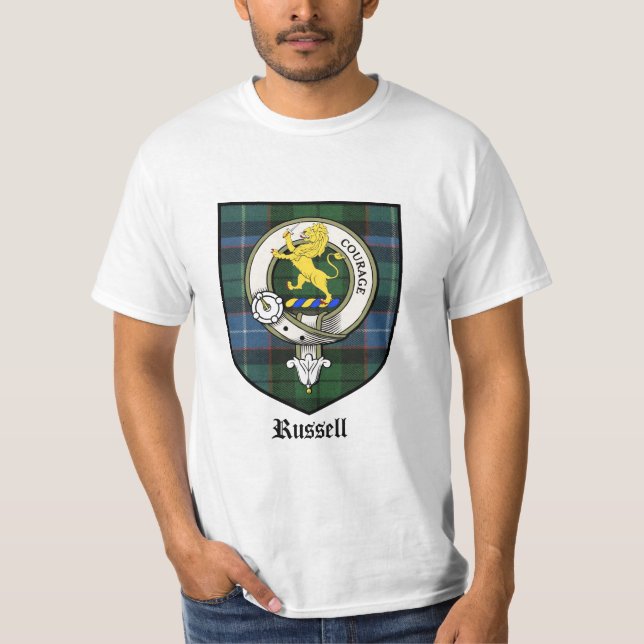 Russell Clan Crest Badge Tartan T-Shirt (Front)