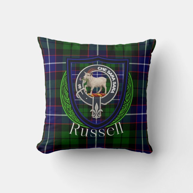 Russell Scottish Clan Tartan & Crest Cushion (Front)