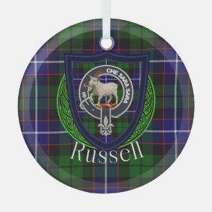 Russell Scottish Clan Tartan & Crest Glass Tree Decoration