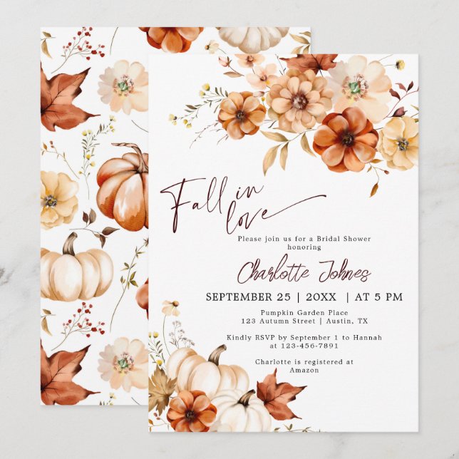 Russet Fall In Love Burgundy Pumpkin Bridal Shower Invitation (Front/Back)