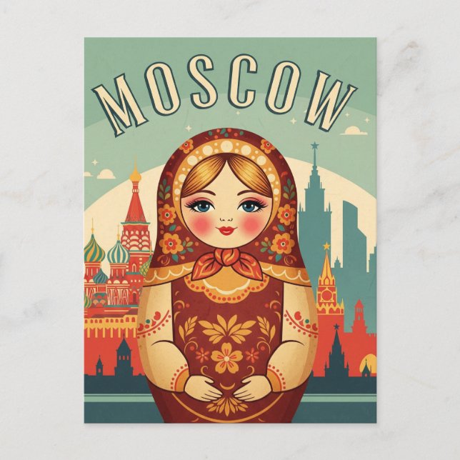Russia Moscow Matroyshka Doll Travel Postcard (Front)