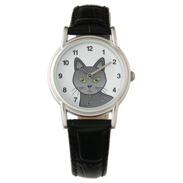 Russian Blue Breed Cat's Head Cute Illustration Watch (Front)