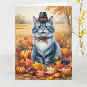 Russian Blue Cat Autumn Leaves Thanksgiving Art Card
