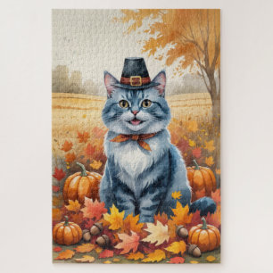 Russian Blue Cat  Autumn Leaves Thanksgiving Art Jigsaw Puzzle