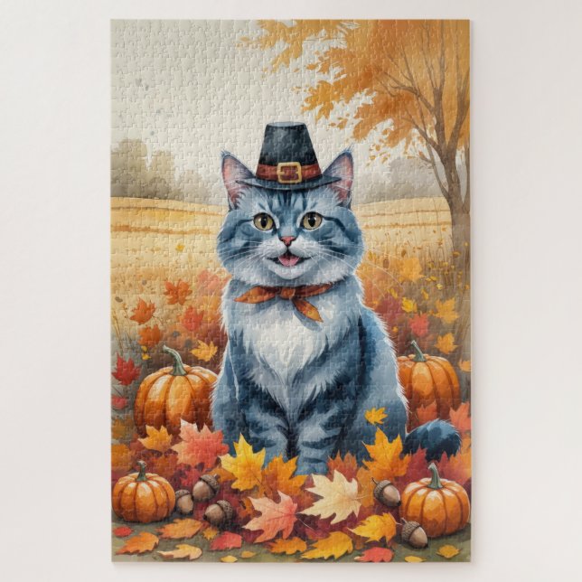 Russian Blue Cat  Autumn Leaves Thanksgiving Art Jigsaw Puzzle (Vertical)