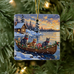 Russian Blue Cat Christmas Boat Holiday Ceramic Ornament