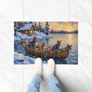 Russian Blue Cat Christmas Boat Holiday Doormat
