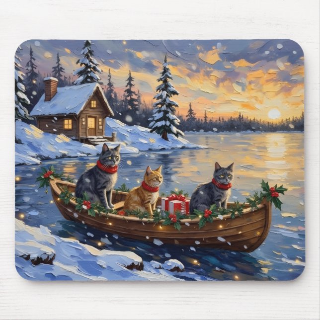 Russian Blue Cat Christmas Boat Holiday Mouse Mat (Front)