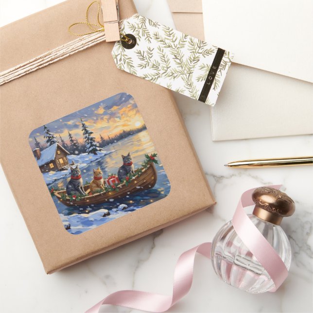 Russian Blue Cat Christmas Boat Holiday Square Sticker (Gifting)