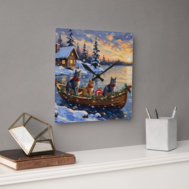 Russian Blue Cat Christmas Boat Holiday Square Wall Clock (Office)