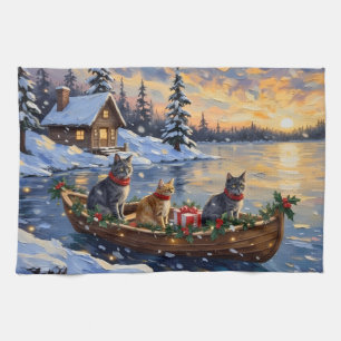 Russian Blue Cat Christmas Boat Holiday Tea Towel