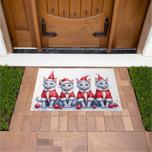 Russian Blue Cat Christmas Dress Santa Hat Doormat